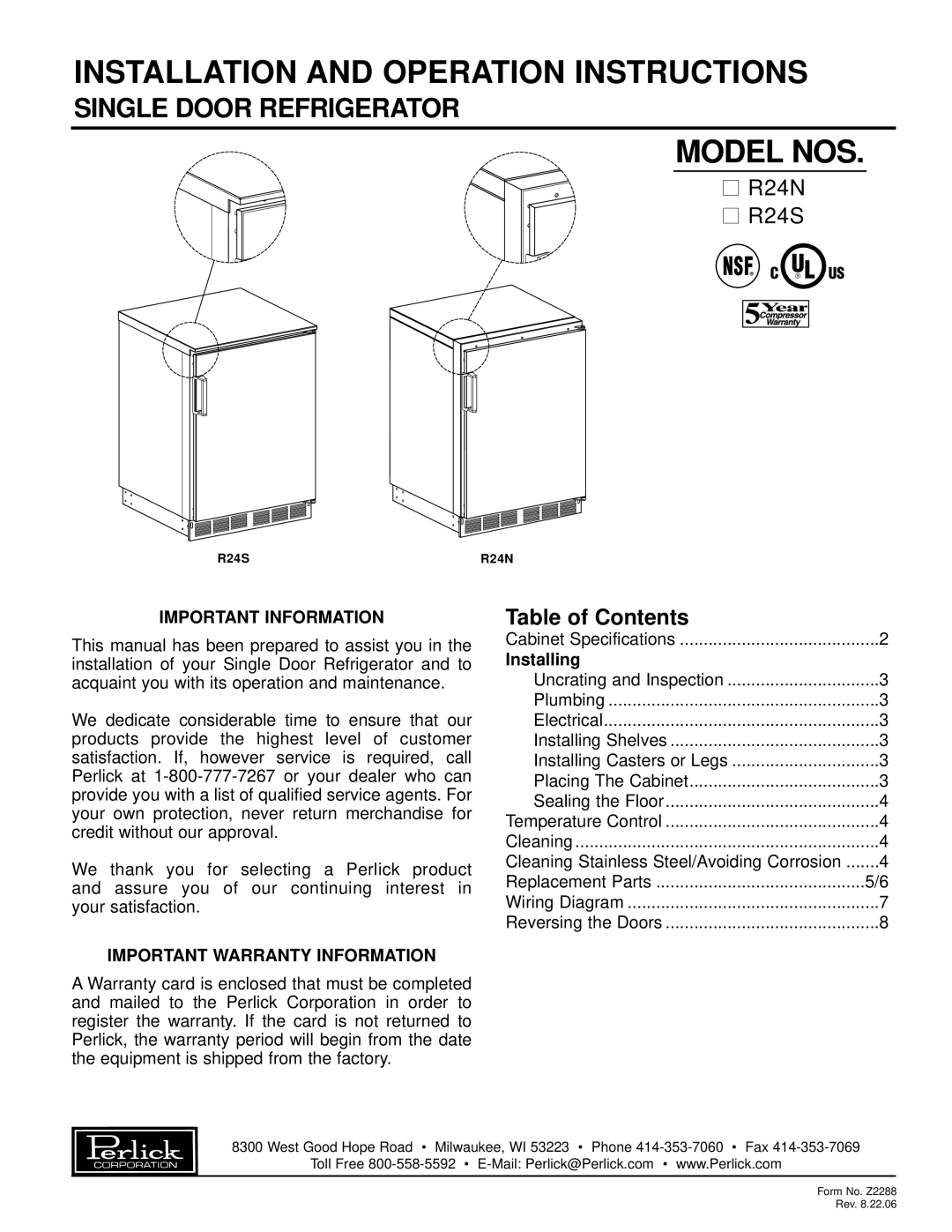 Perlick specifications Installation And Operation Instructions, Model Nos, Single Door Refrigerator, R24N R24S 