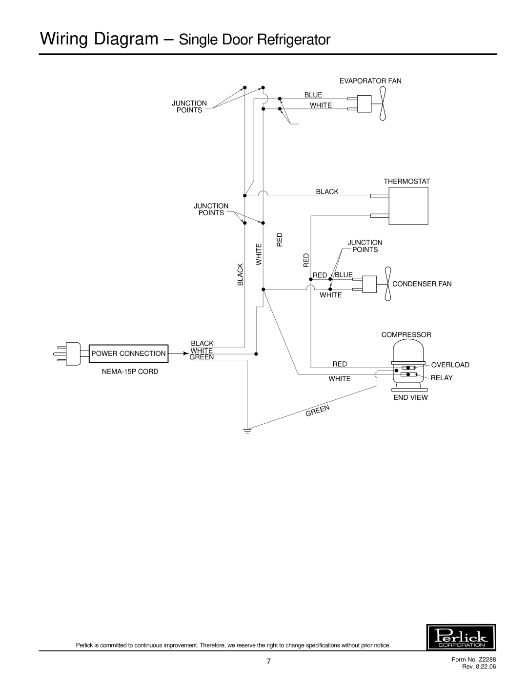 Perlick R24S, R24N specifications Wiring Diagram - Single Door Refrigerator 