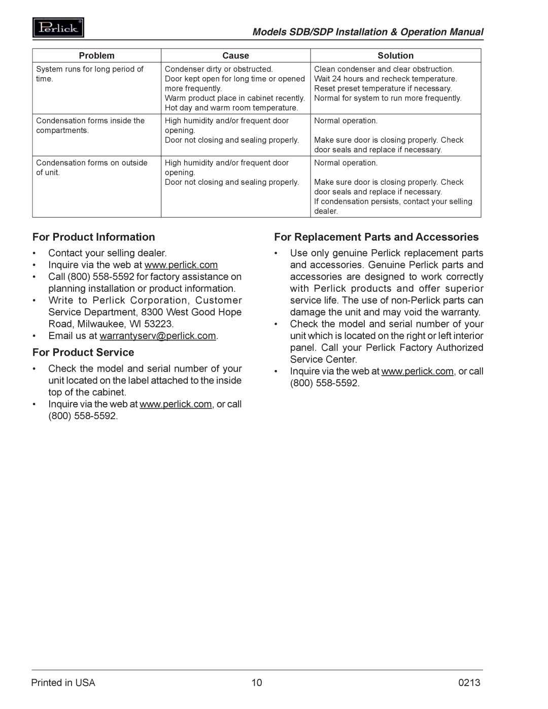 Perlick SDBR48 operation manual For Product Information, For Product Service, For Replacement Parts and Accessories 