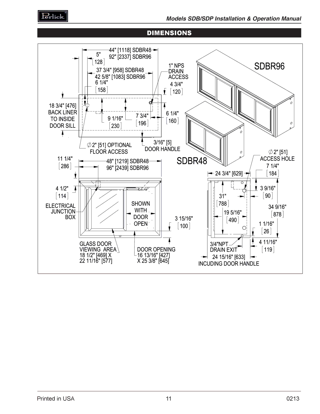 Perlick SDBR48 operation manual Dimensions 