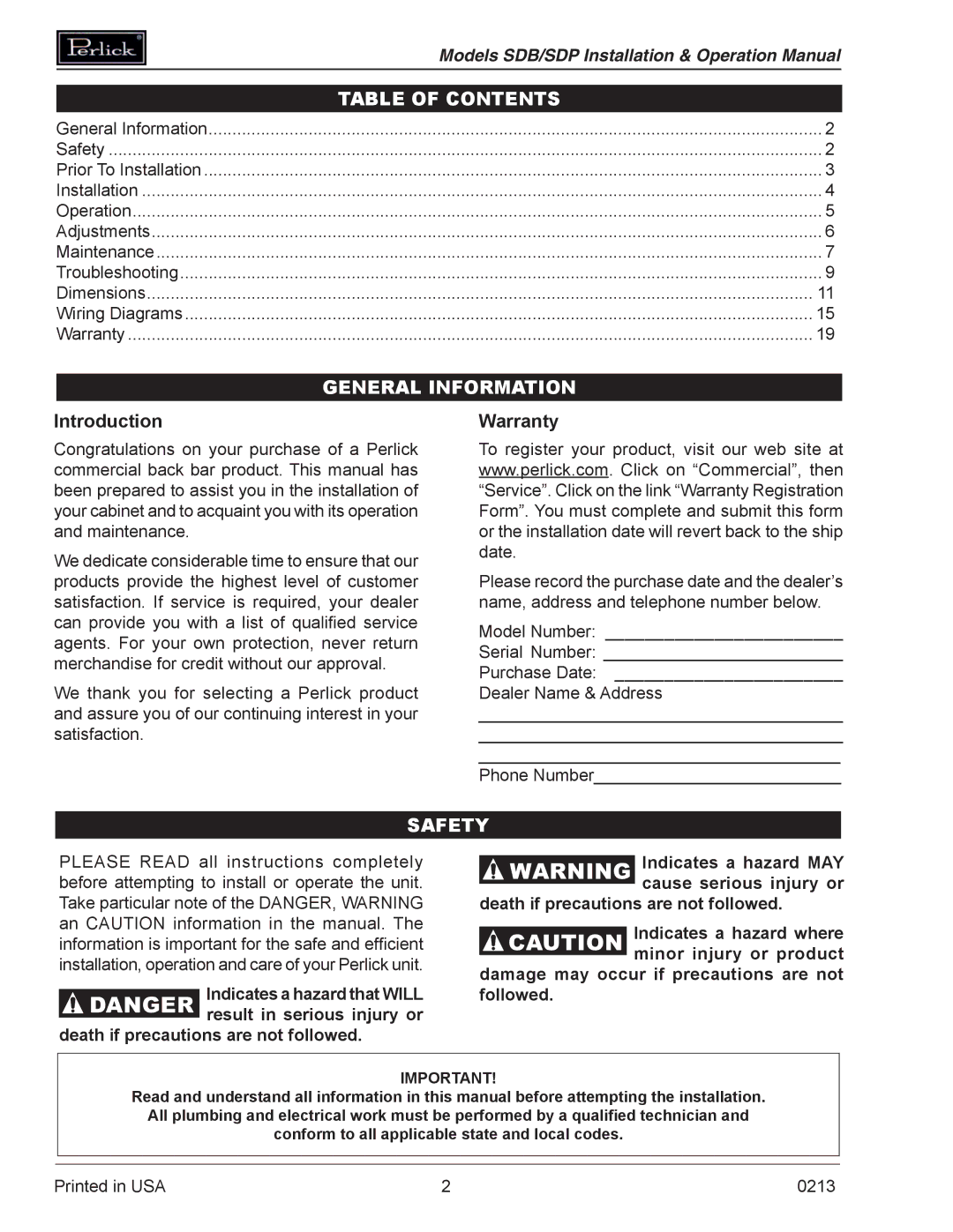 Perlick SDBR48 operation manual Table of Contents, General Information, Safety 