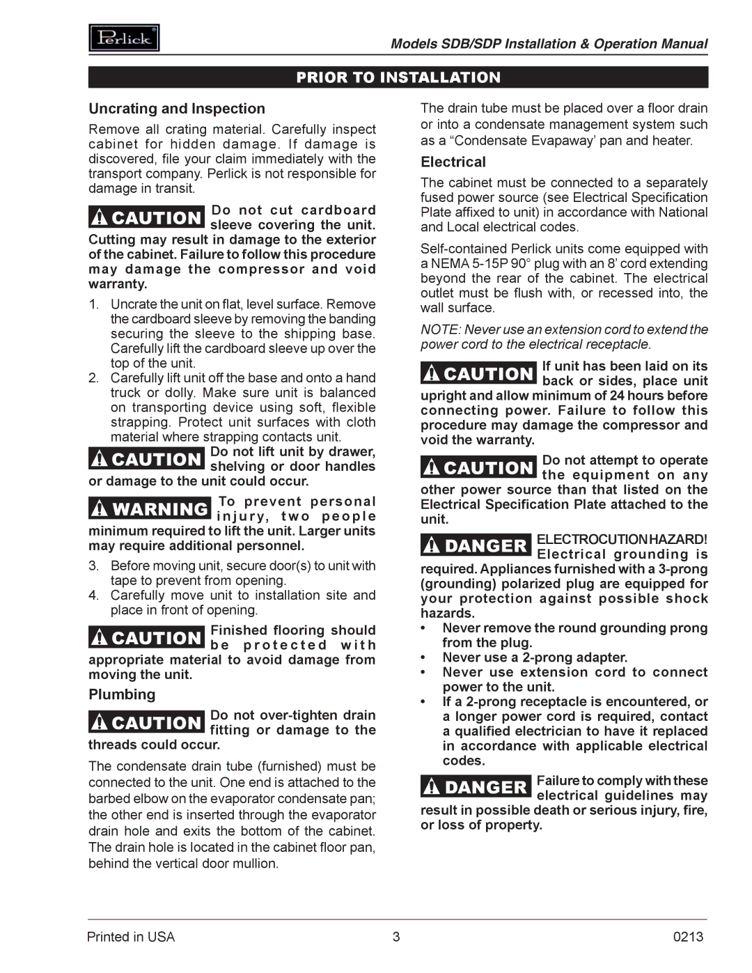 Perlick SDBR48 operation manual Prior To Installation, Uncrating and Inspection, Plumbing, Electrical 