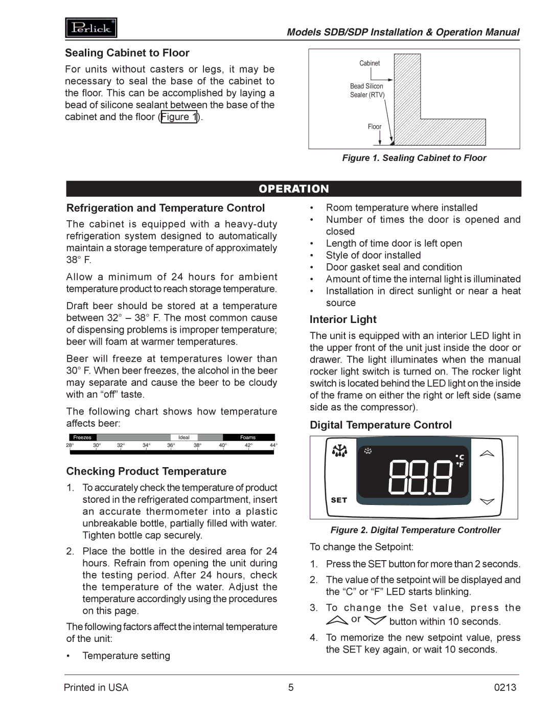 Perlick SDBR48 operation manual Sealing Cabinet to Floor, Operation, Refrigeration and Temperature Control, Interior Light 