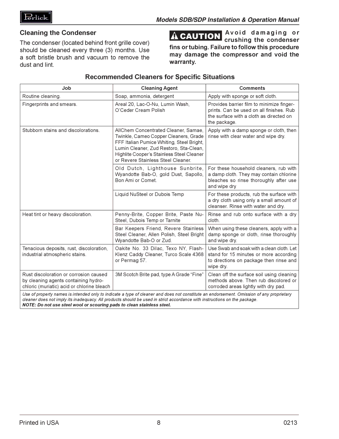 Perlick SDBR48 operation manual Cleaning the Condenser, Recommended Cleaners for Specific Situations 