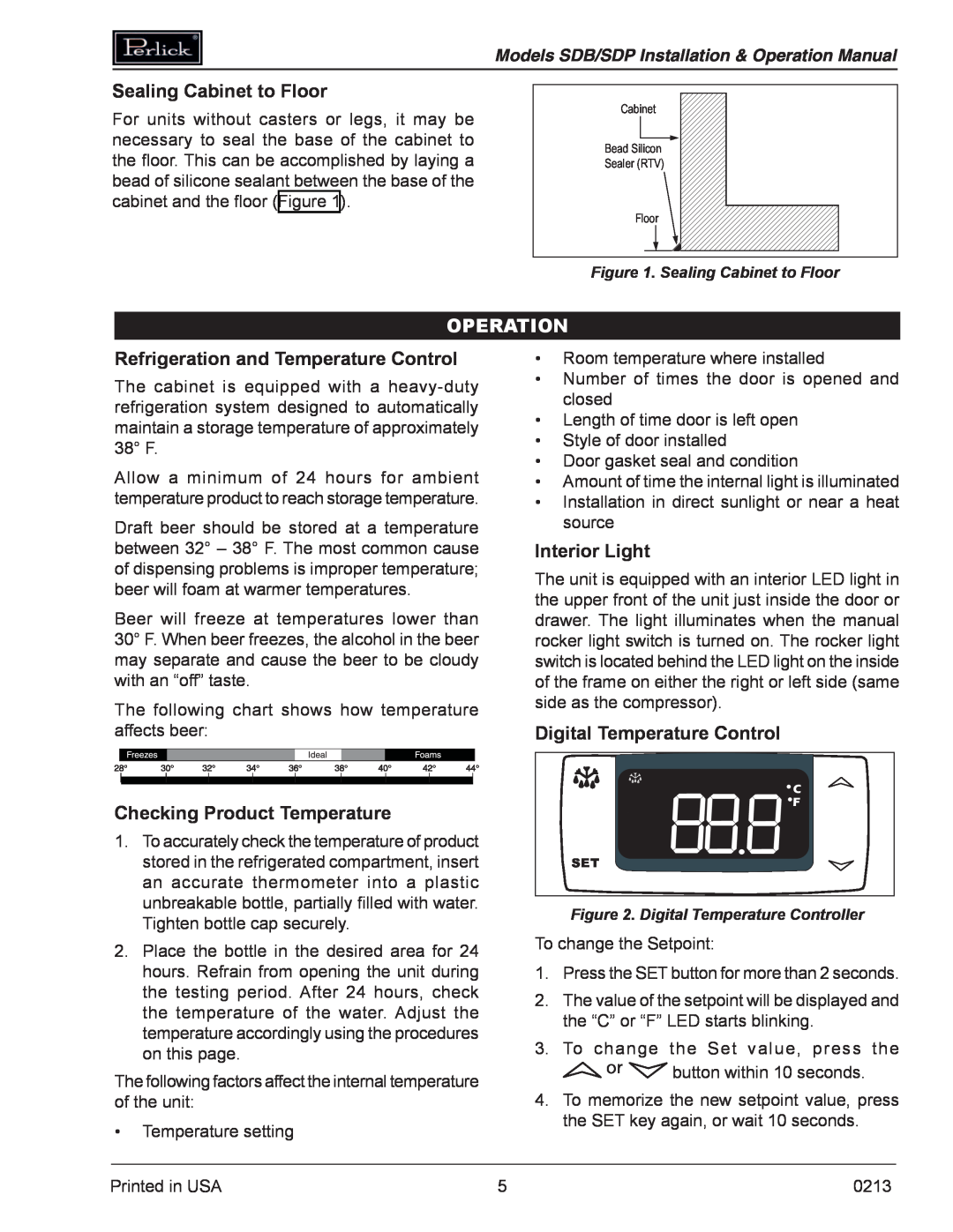 Perlick SDBR48 operation manual Sealing Cabinet to Floor, Operation, Refrigeration and Temperature Control, Interior Light 