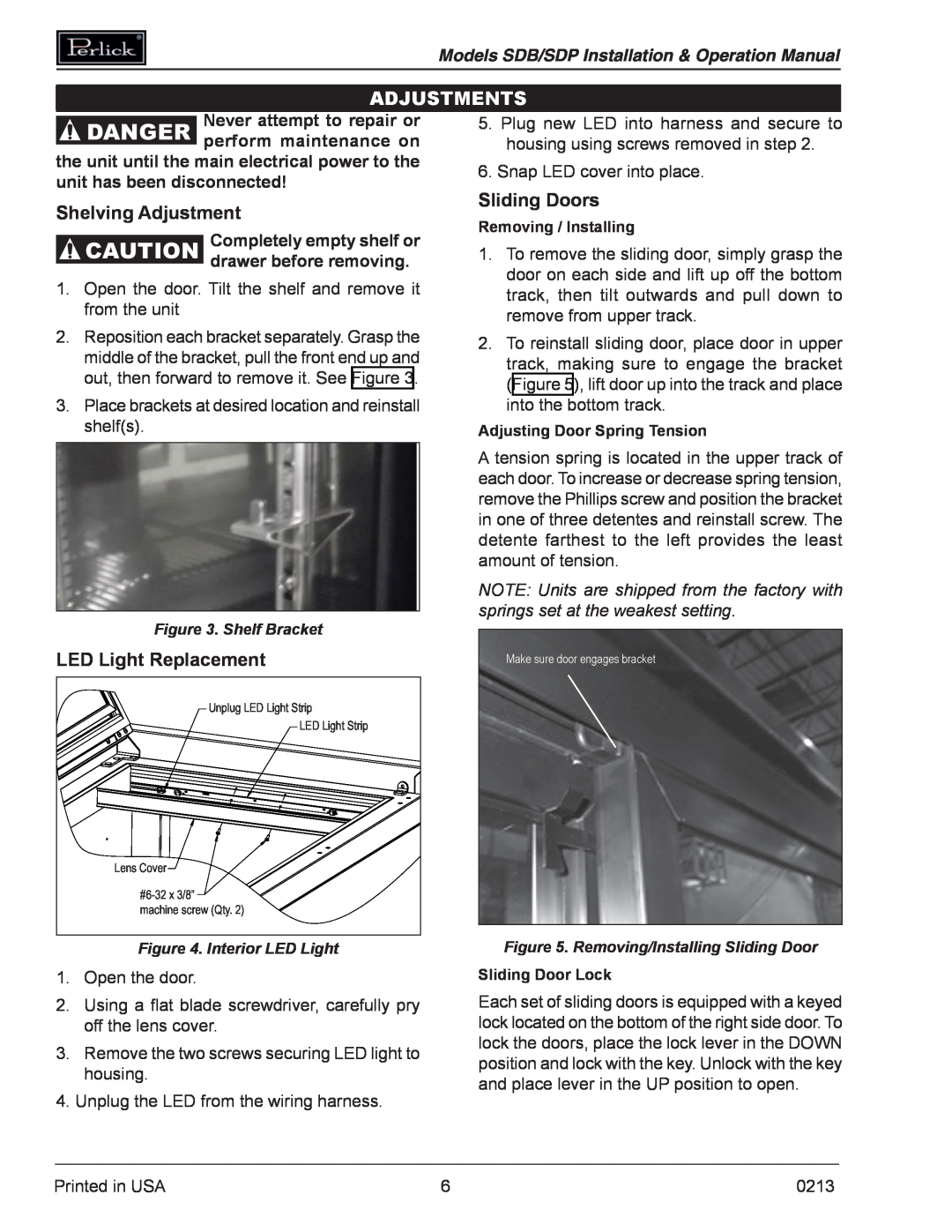 Perlick SDBR48 operation manual Danger, Adjustments, Sliding Doors, Shelving Adjustment, LED Light Replacement 