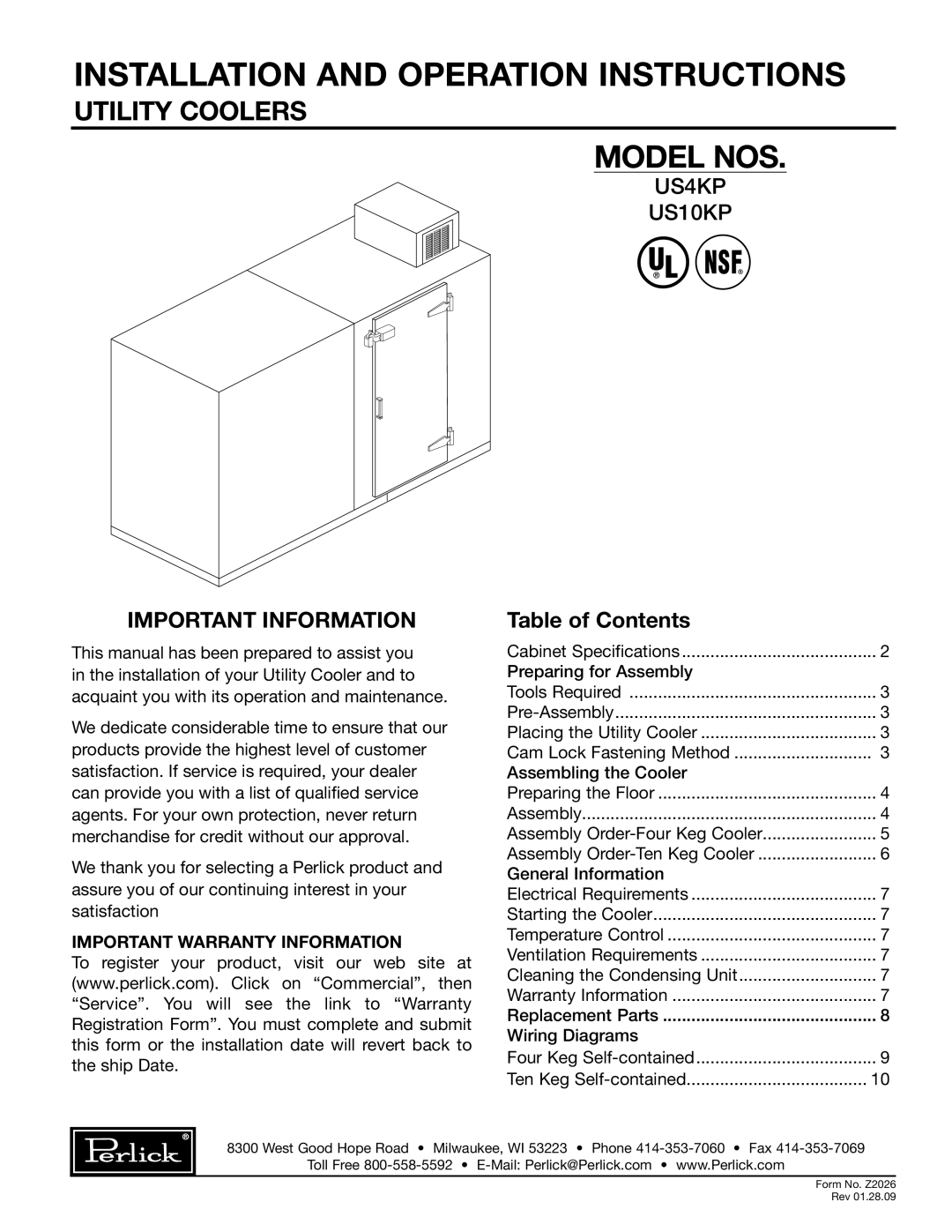 Perlick US4KP, US10KP specifications Installation and Operation Instructions 