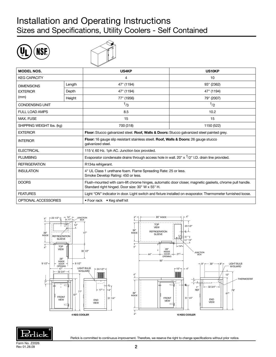 Perlick US10KP, US4KP Installation and Operating Instructions, Sizes and Specifications, Utility Coolers Self Contained 