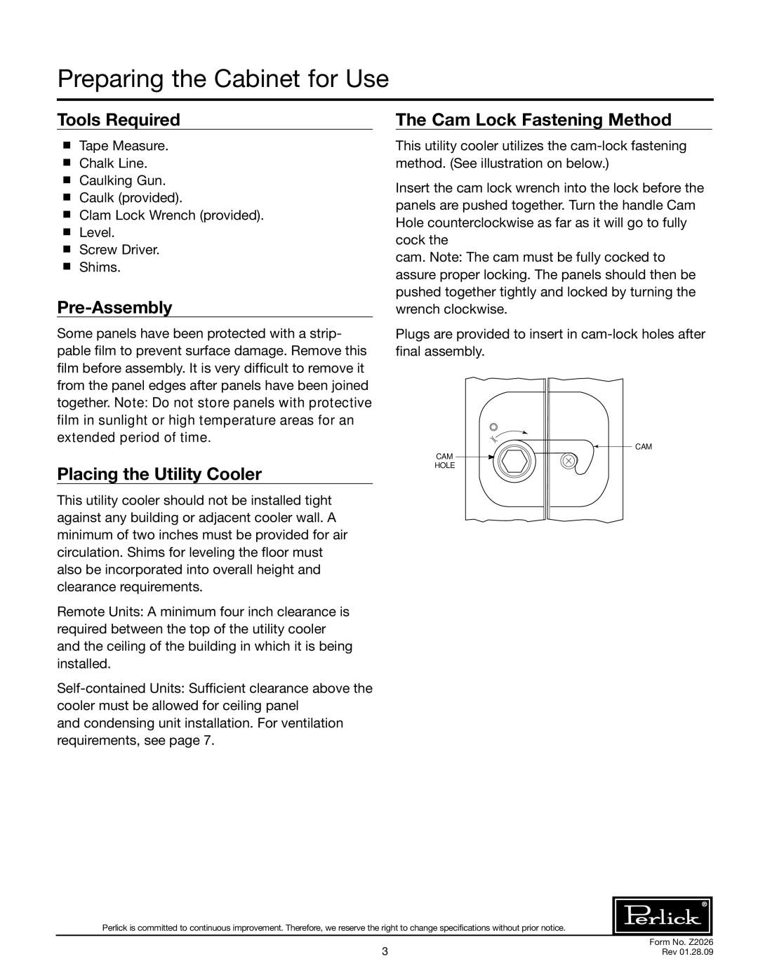 Perlick US4KP, US10KP specifications Preparing the Cabinet for Use, Tools Required, Pre-Assembly, Placing the Utility Cooler 