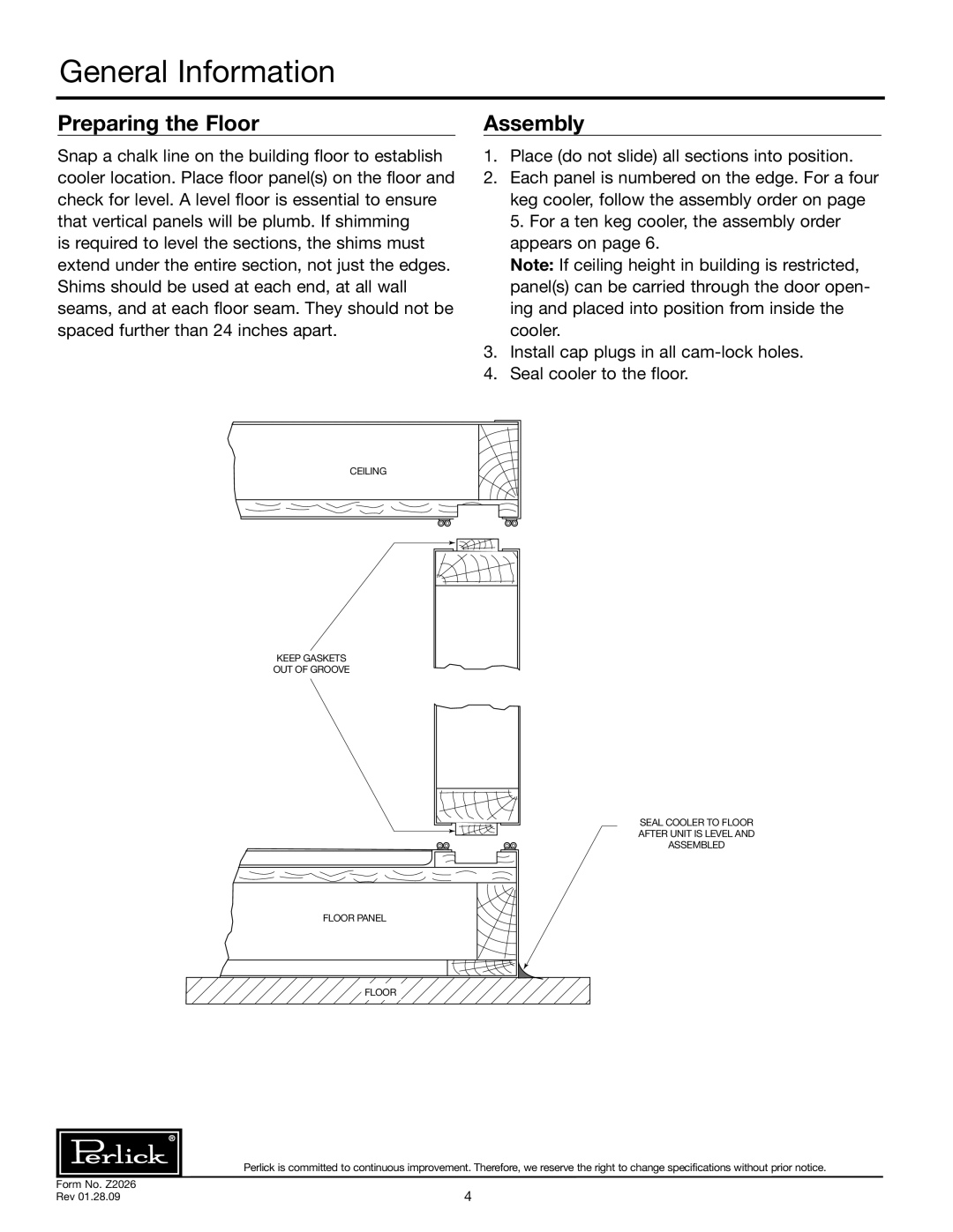 Perlick US10KP, US4KP specifications General Information, Preparing the Floor, Assembly 