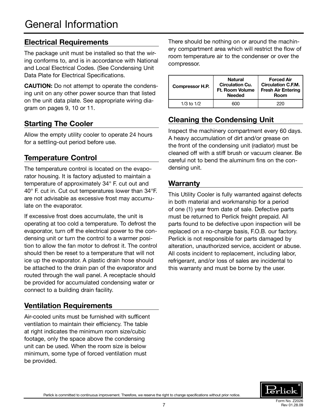 Perlick US4KP Electrical Requirements, Starting The Cooler, Temperature Control, Ventilation Requirements, Warranty 