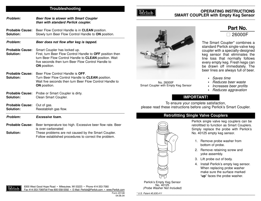 Perlick Z2148 operating instructions Operating Instructions Smart Coupler with Empty Keg Sensor, Problem Excessive foam 