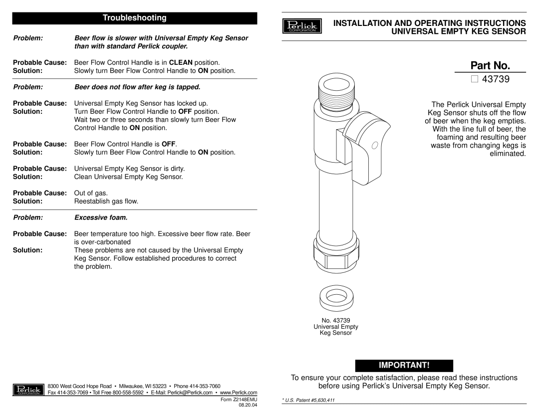 Perlick Z2148EMU operating instructions 43739, Troubleshooting 