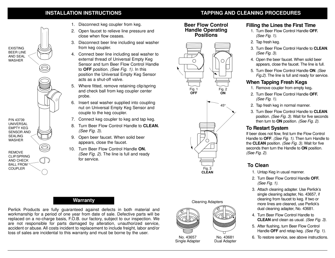 Perlick Z2148EMU Installation Instructions, Tapping And Cleaning Procedures, Beer Flow Control Handle Operating Positions 