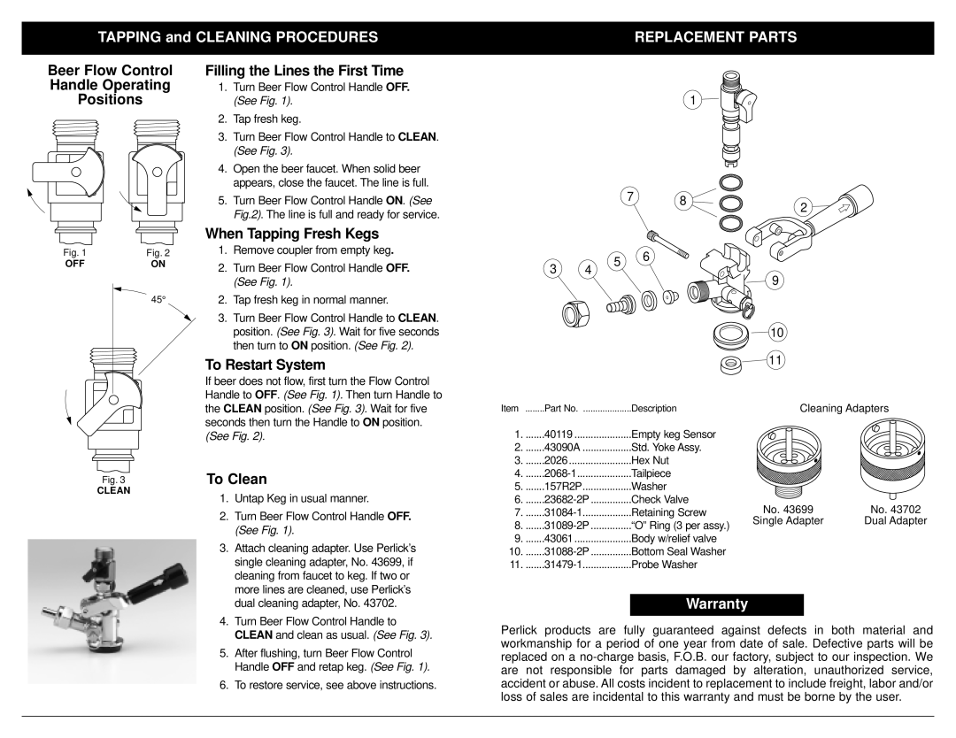 Perlick Z2151 manual Tapping and Cleaning Procedures, Warranty 