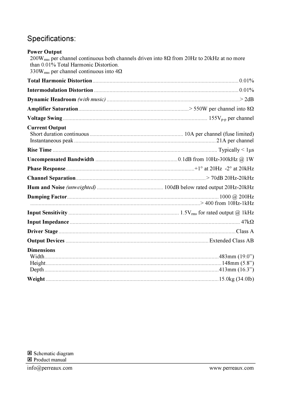 Perreaux 2370 manual Specifications, Power Output, Current Output, Dimensions 