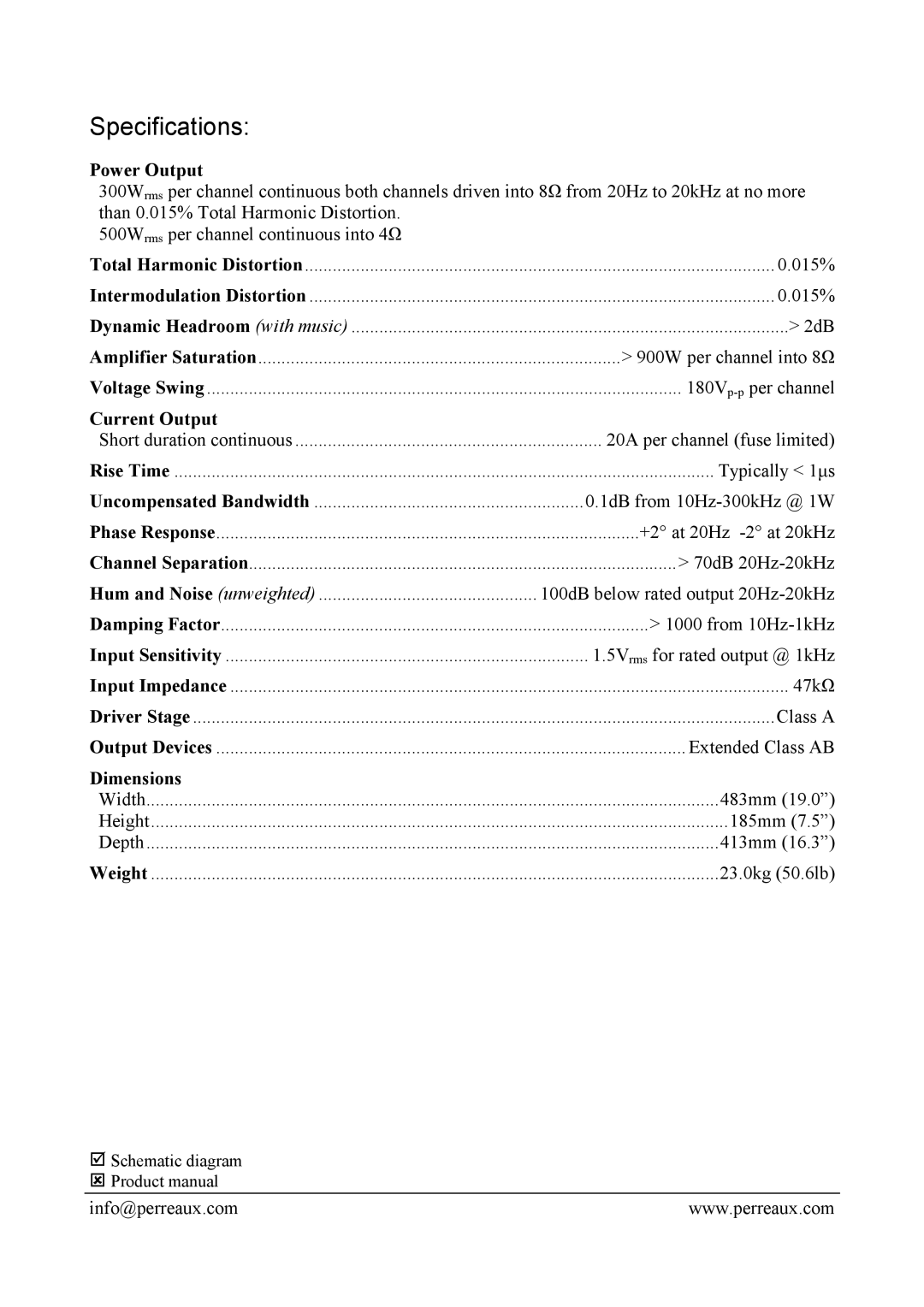 Perreaux 3370 manual Specifications, Power Output, Current Output, Dimensions 