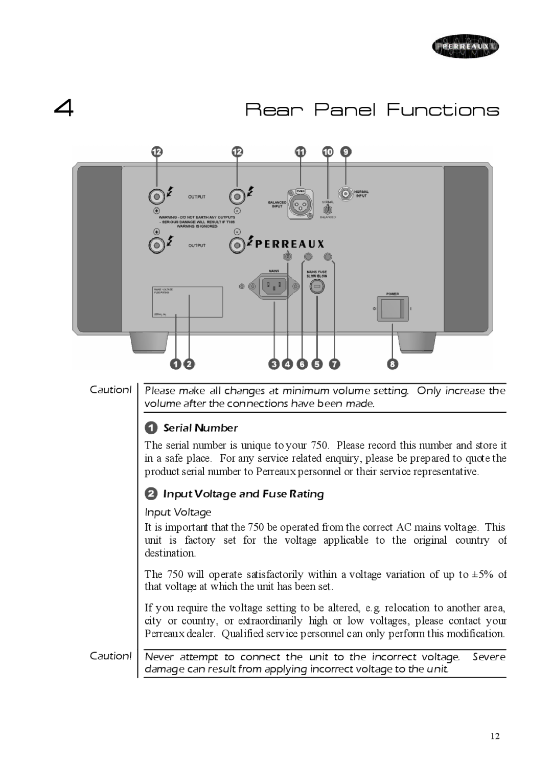 Perreaux 750 owner manual Rear Panel Functions 