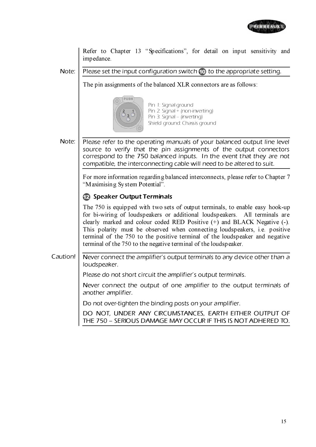 Perreaux 750 owner manual Speaker Output Terminals 