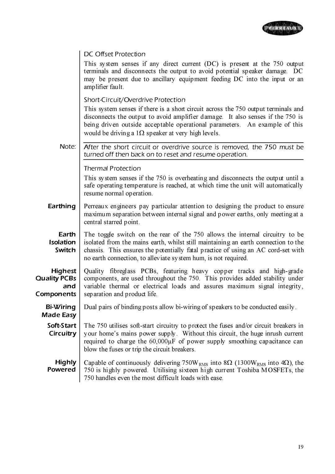 Perreaux 750 owner manual Short-Circuit/Overdrive Protection 