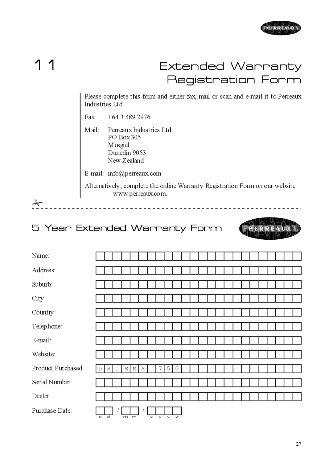 Perreaux 750 owner manual Extended Warranty, Registration Form 