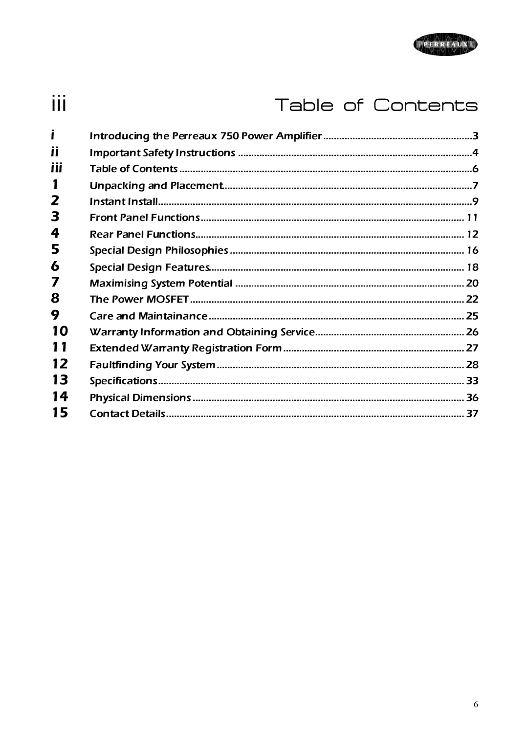 Perreaux 750 owner manual Iii, Table of Contents 