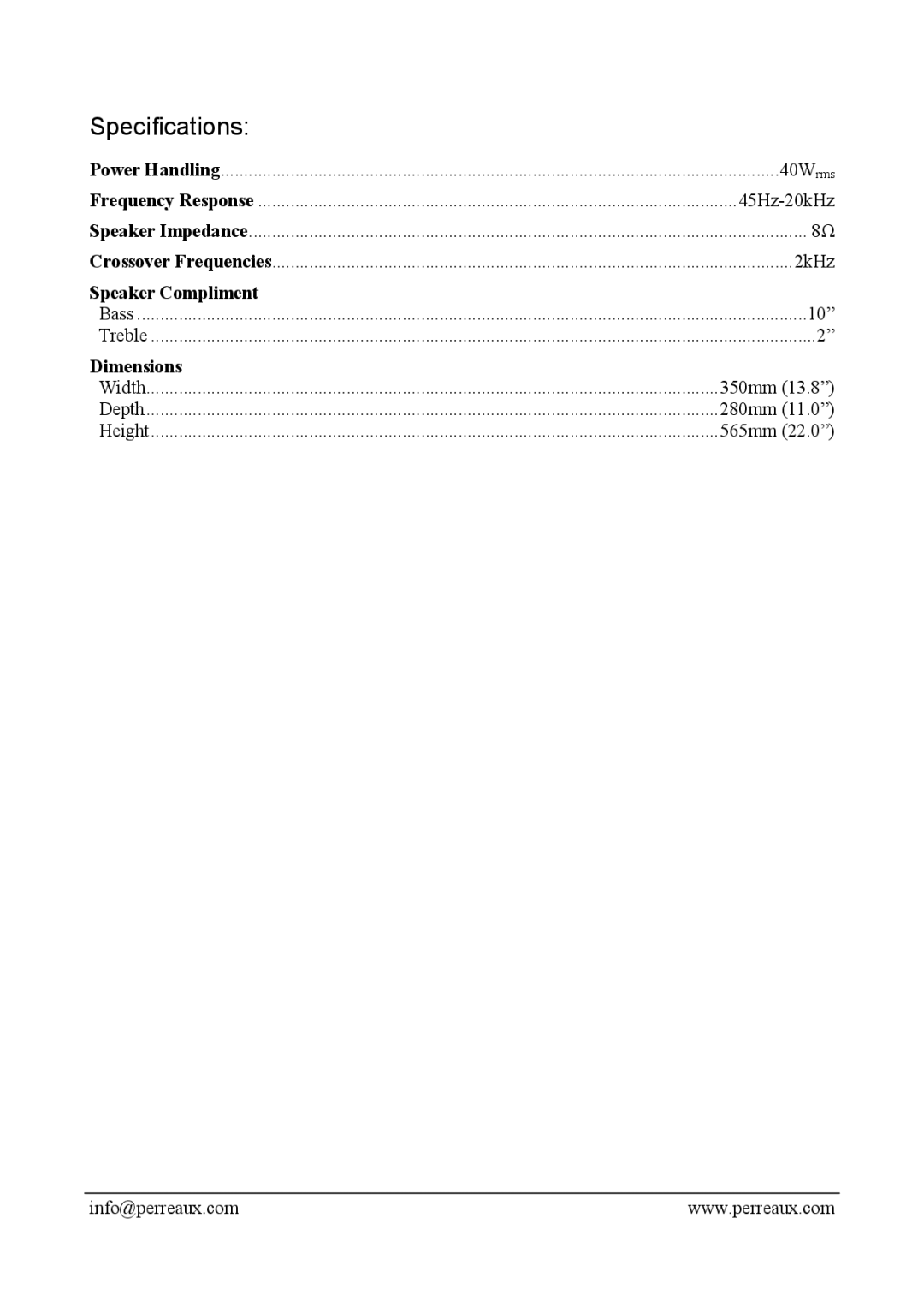 Perreaux CR40 manual Specifications 