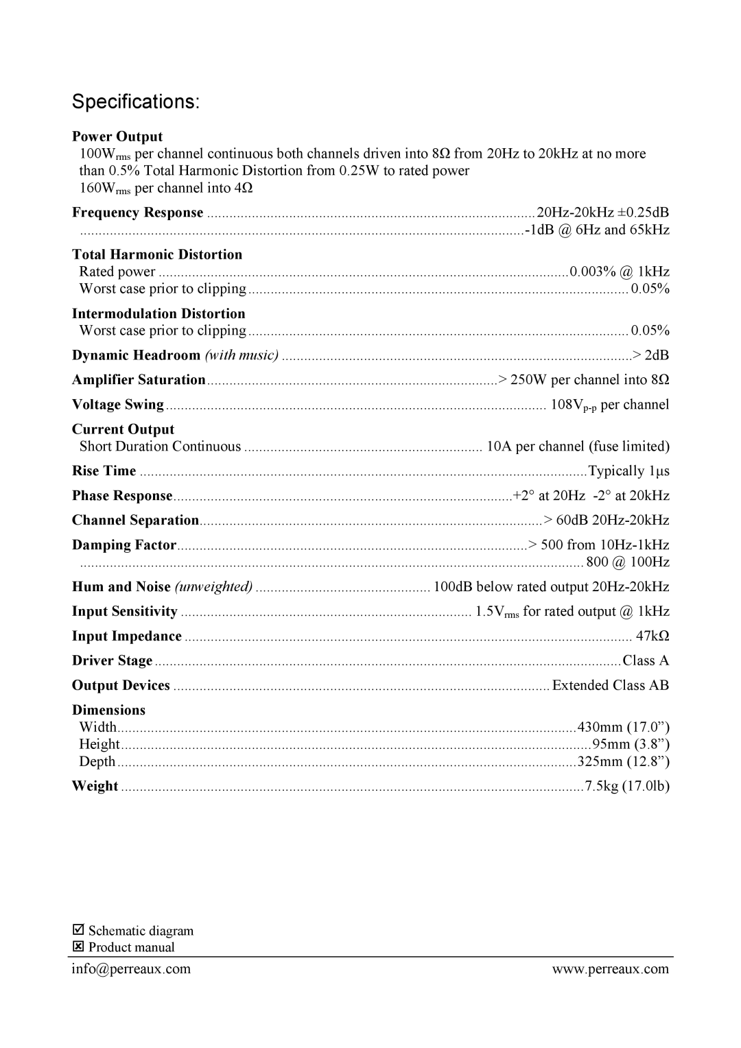 Perreaux E1 manual Specifications 