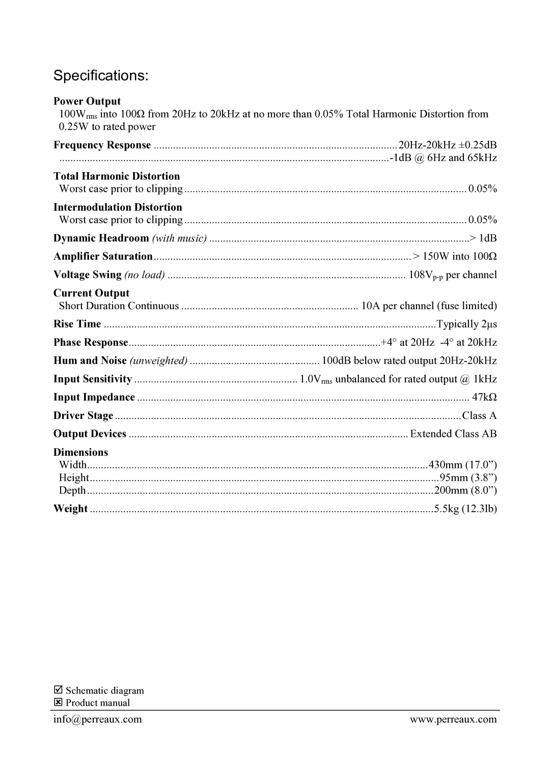 Perreaux E100V manual Specifications 