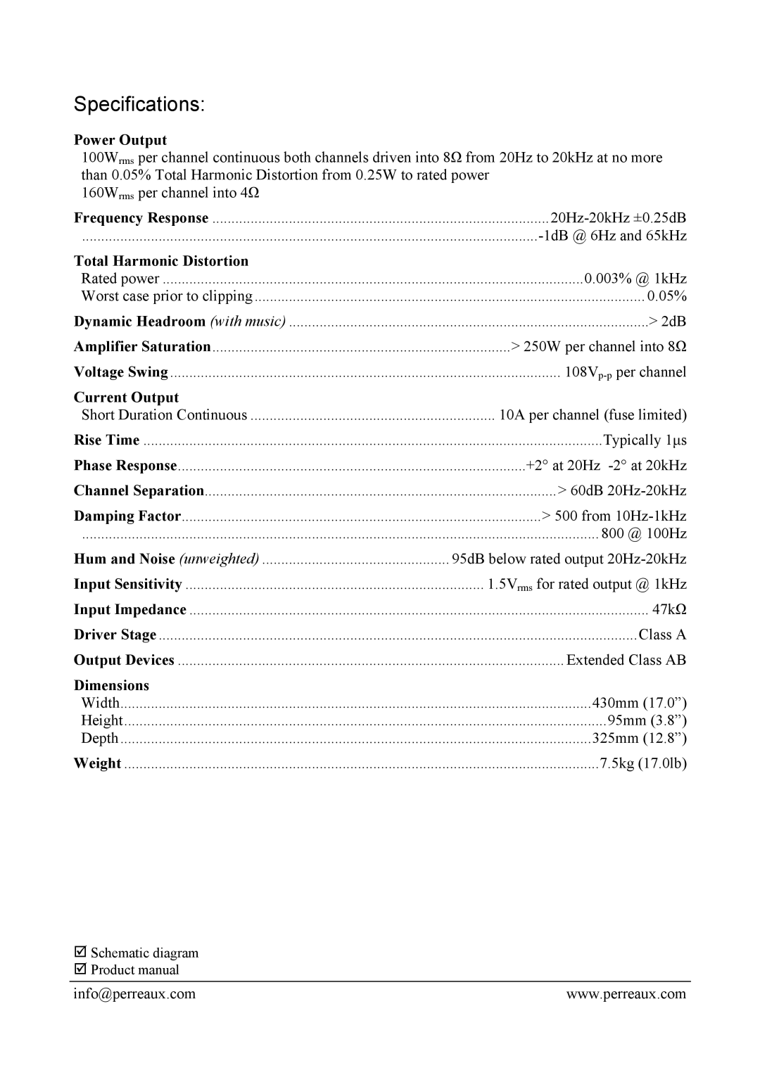 Perreaux E110 manual Specifications, Power Output, Total Harmonic Distortion, Current Output, Dimensions 