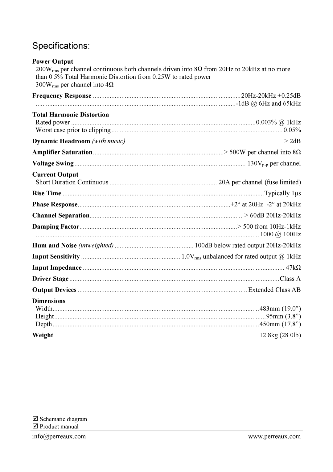 Perreaux E2200 manual Specifications, Power Output, Total Harmonic Distortion, Current Output, Dimensions 