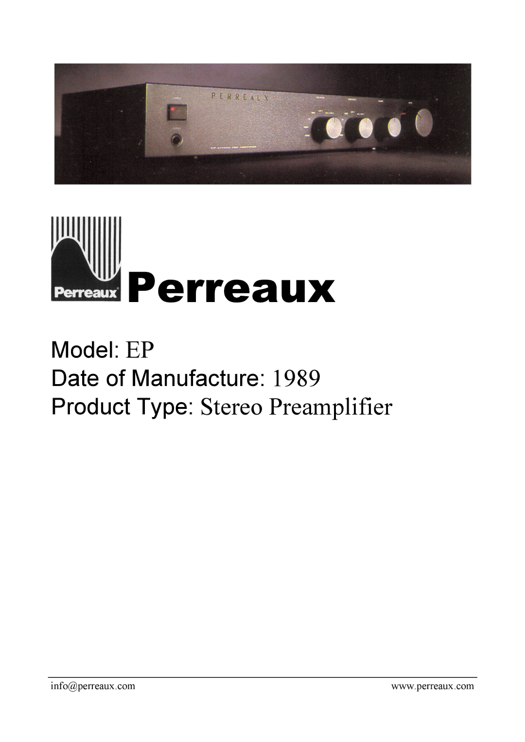 Perreaux EP manual Perreaux, Product Type Stereo Preamplifier 