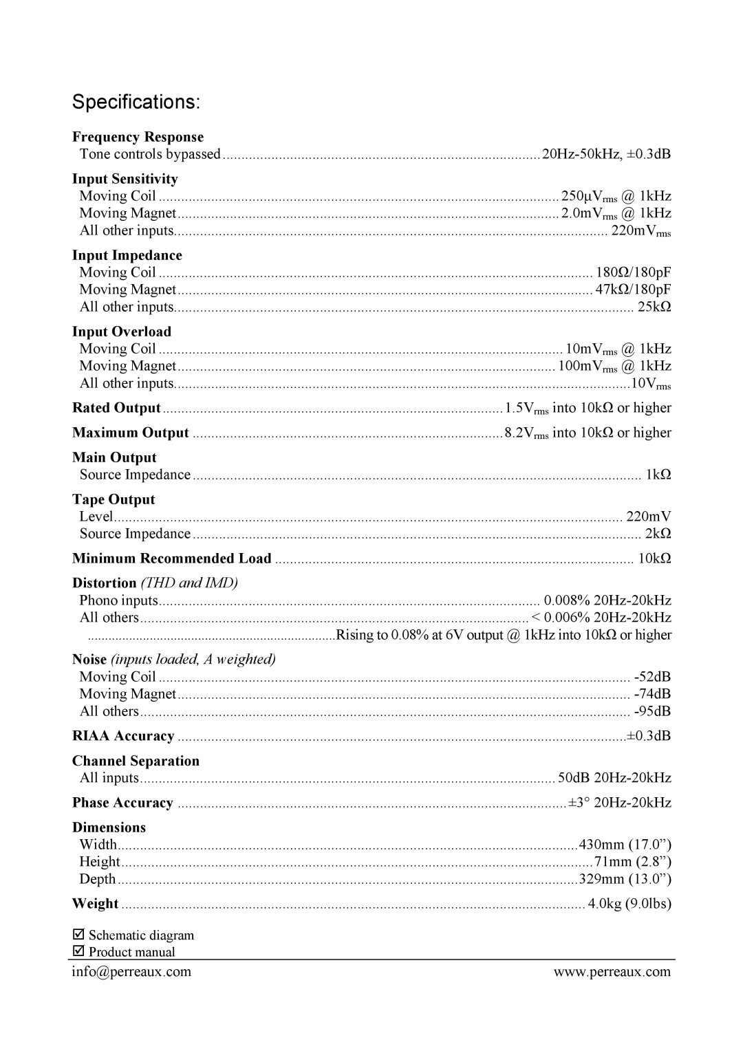 Perreaux EP manual Specifications 