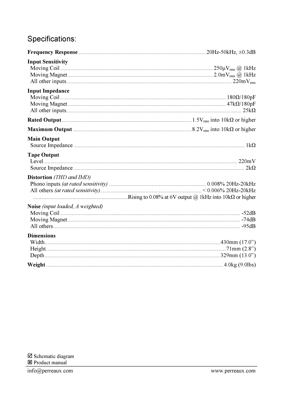 Perreaux EP2 manual Specifications 