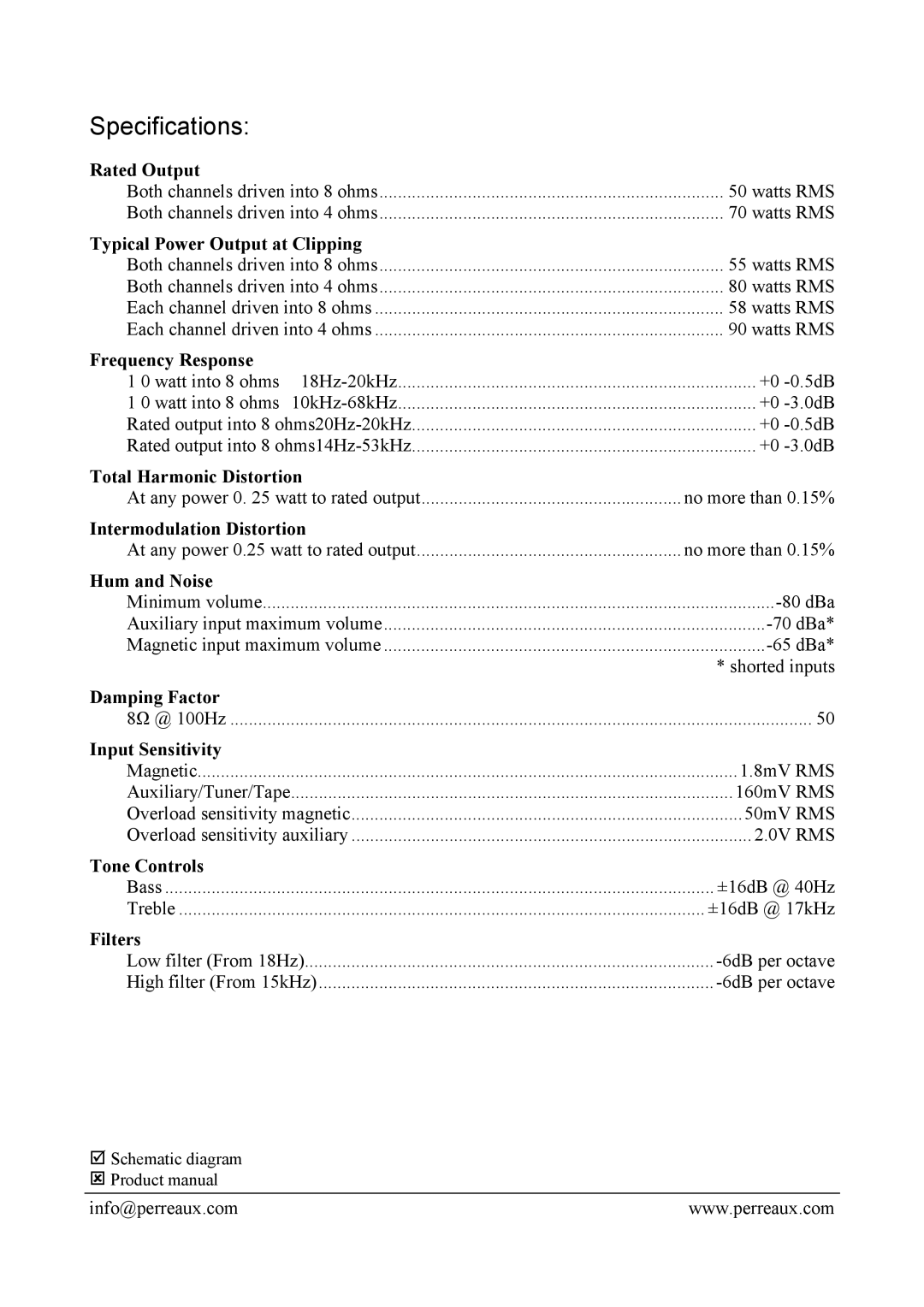 Perreaux NR500 manual Specifications 