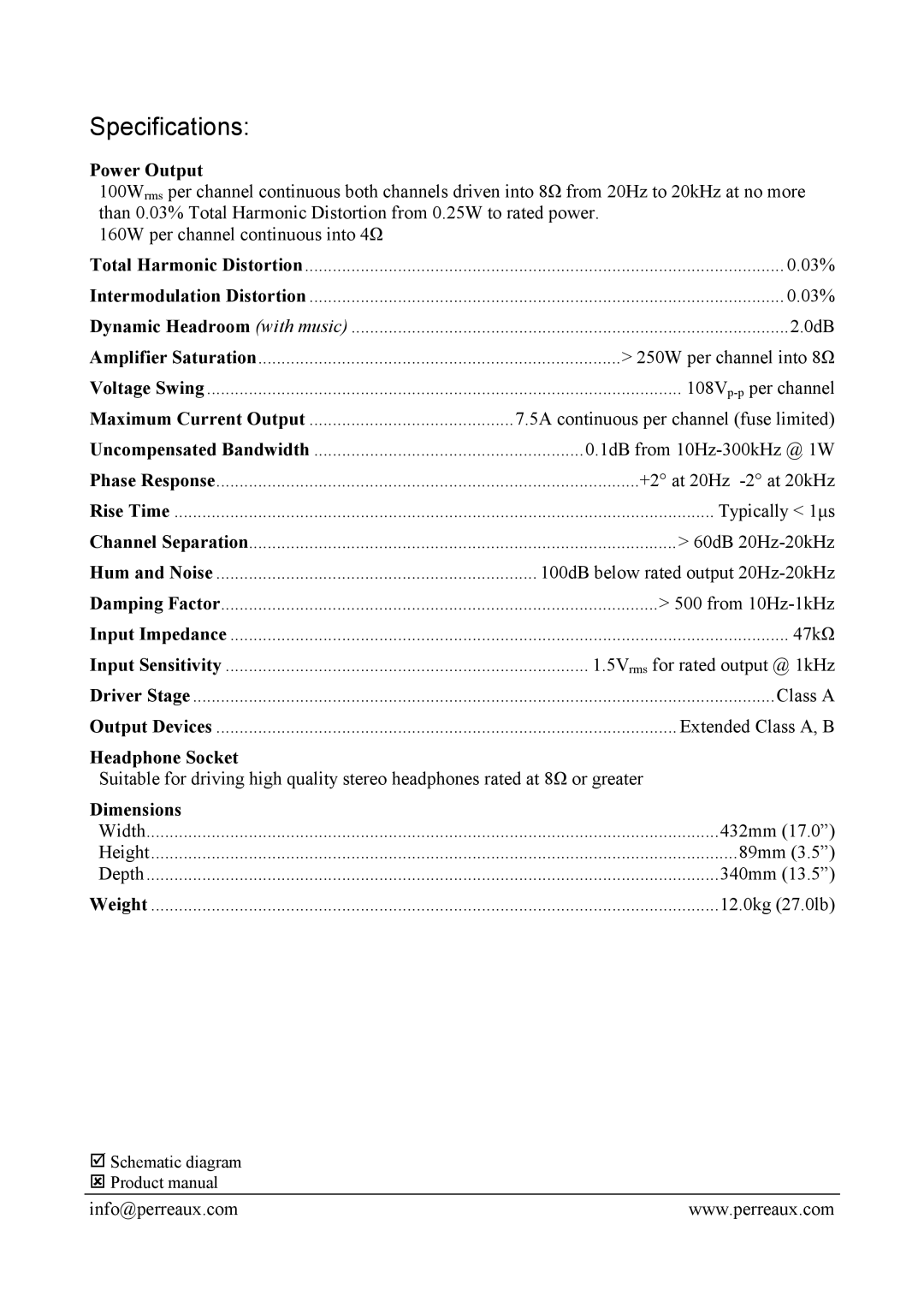 Perreaux PMF1050 manual Specifications, Power Output, Headphone Socket, Dimensions 