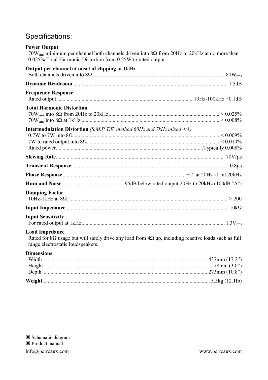 Perreaux PMF1070 manual Specifications 