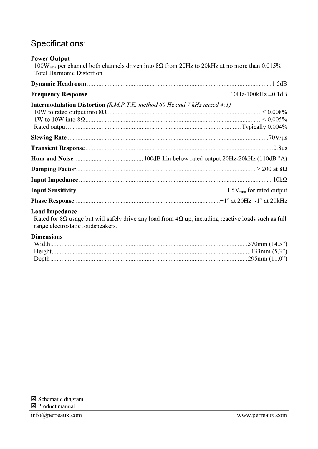 Perreaux PMF1100 manual Specifications, Power Output, Load Impedance, Dimensions 