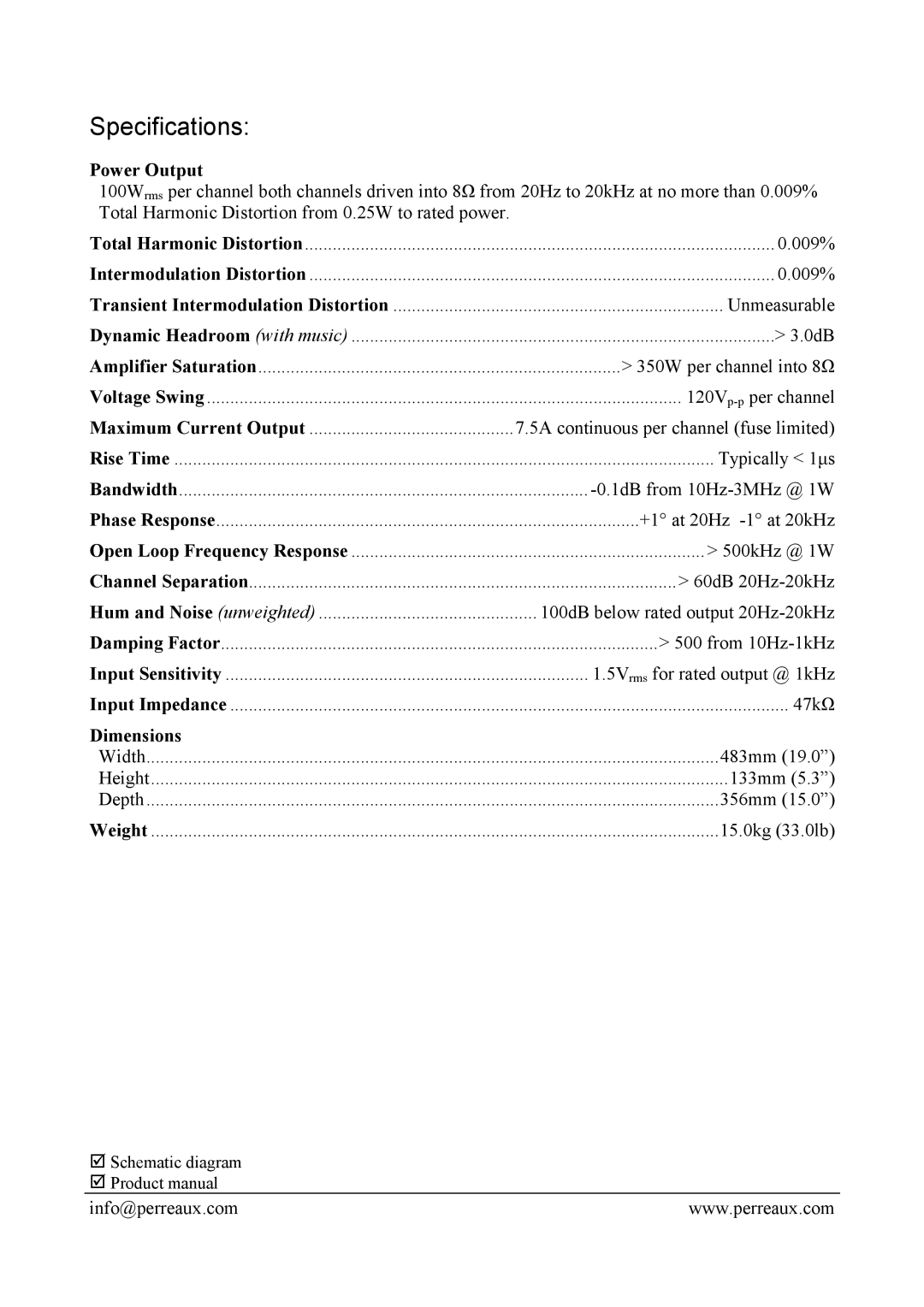 Perreaux PMF1150B manual Specifications, Power Output, Dimensions 