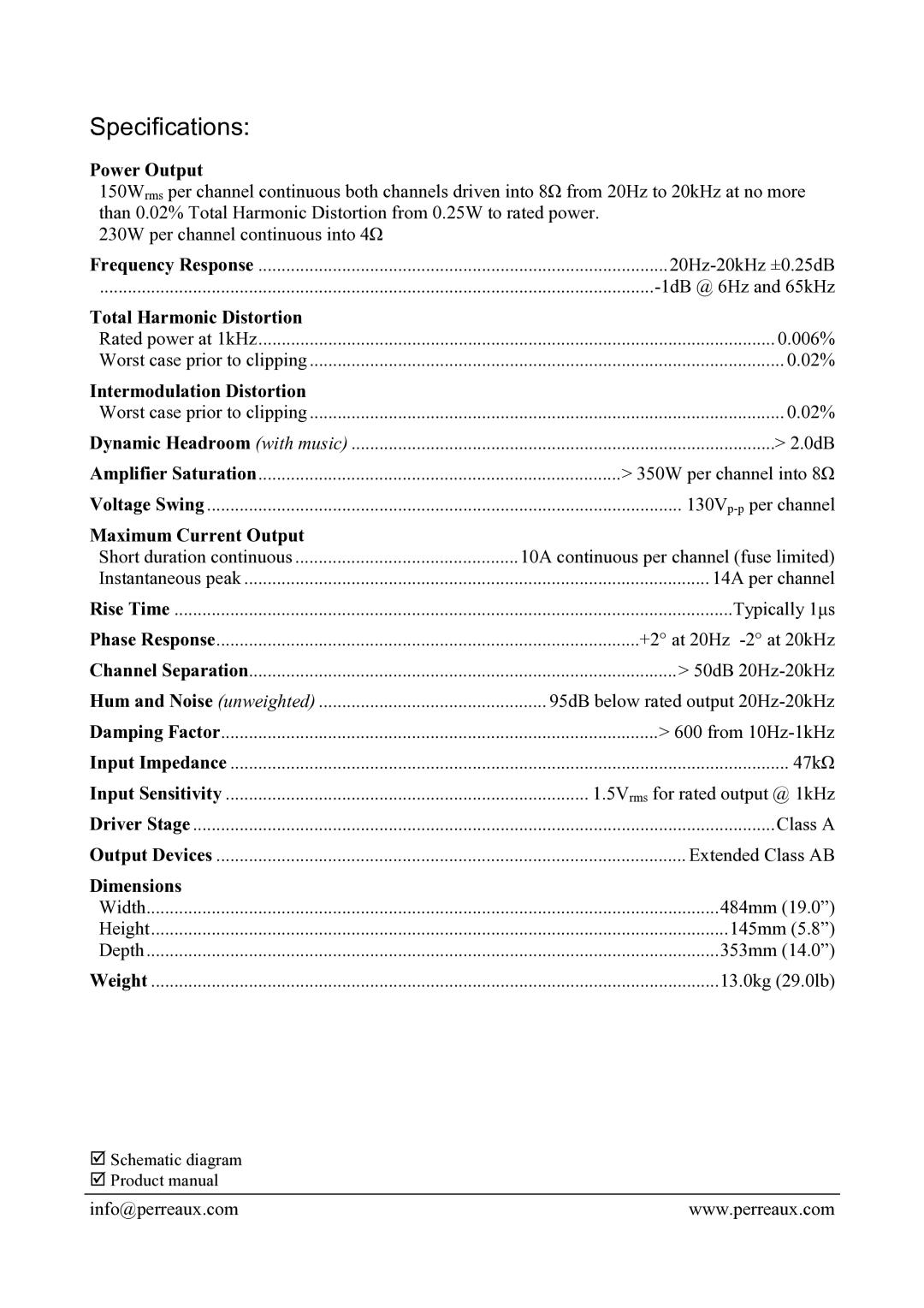 Perreaux PMF1550 manual Specifications 