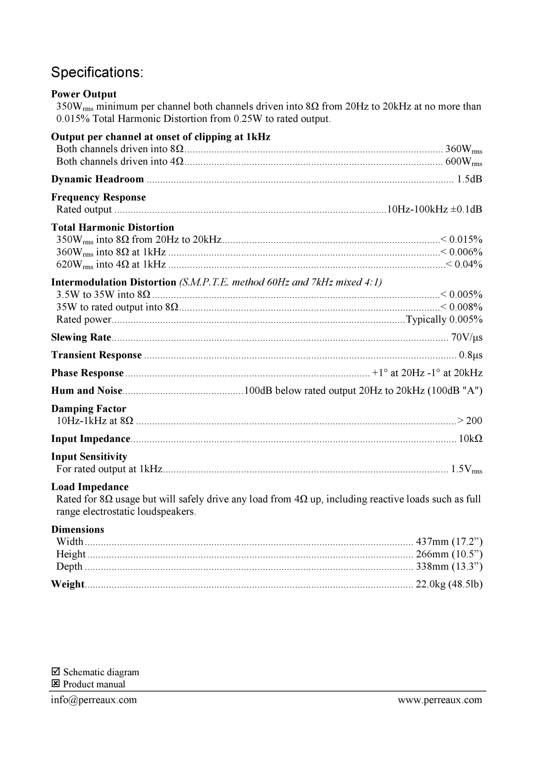 Perreaux PMF4000 manual Specifications 