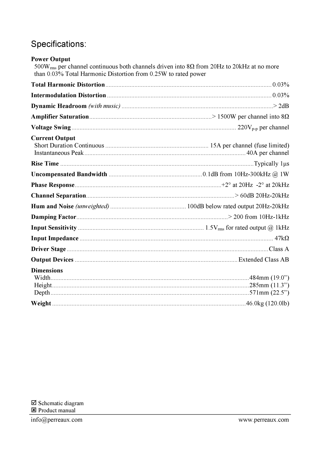 Perreaux PMF5550 manual Specifications, Power Output, Current Output, Dimensions 