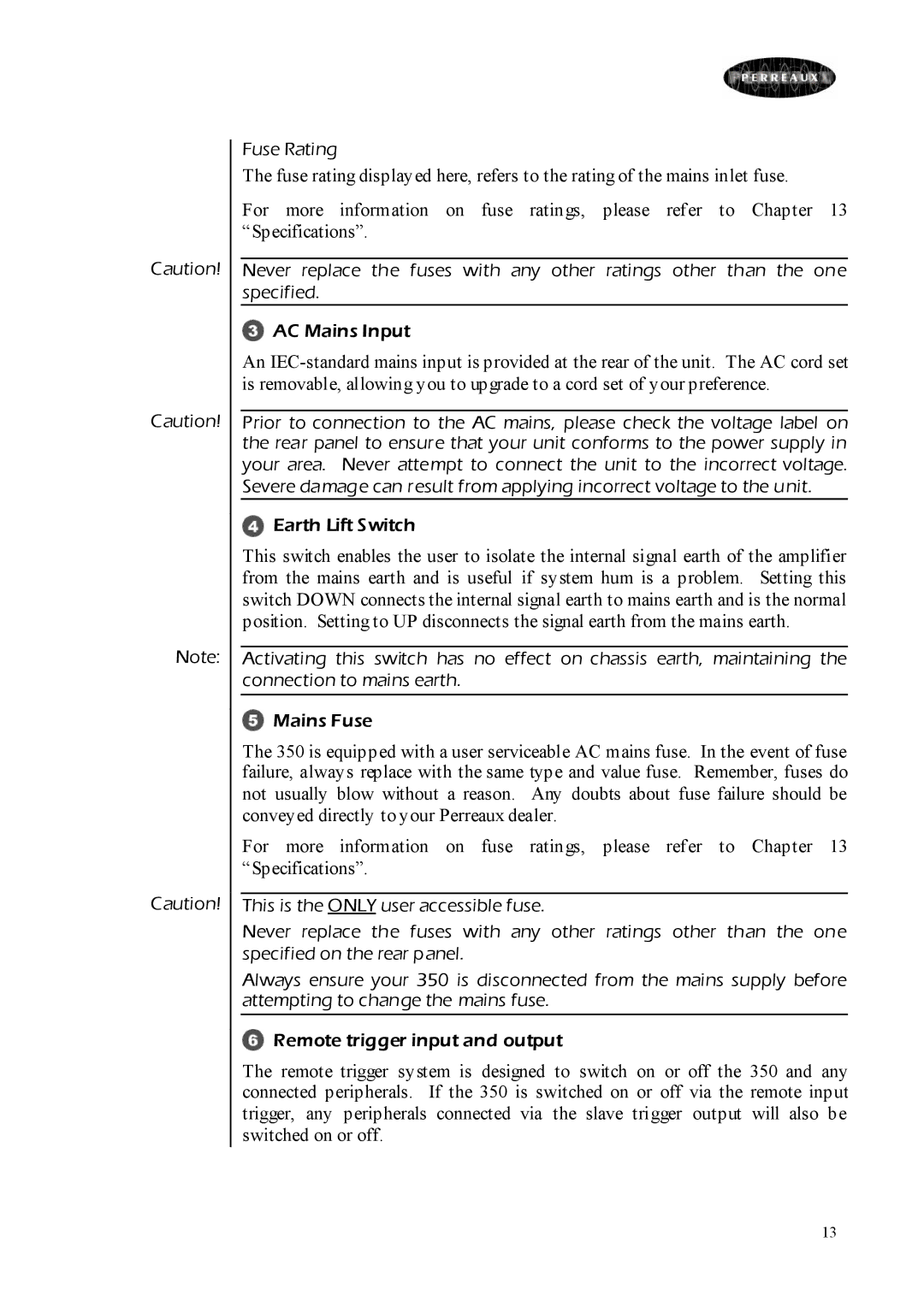 Perreaux Prisma 350 owner manual Fuse Rating 