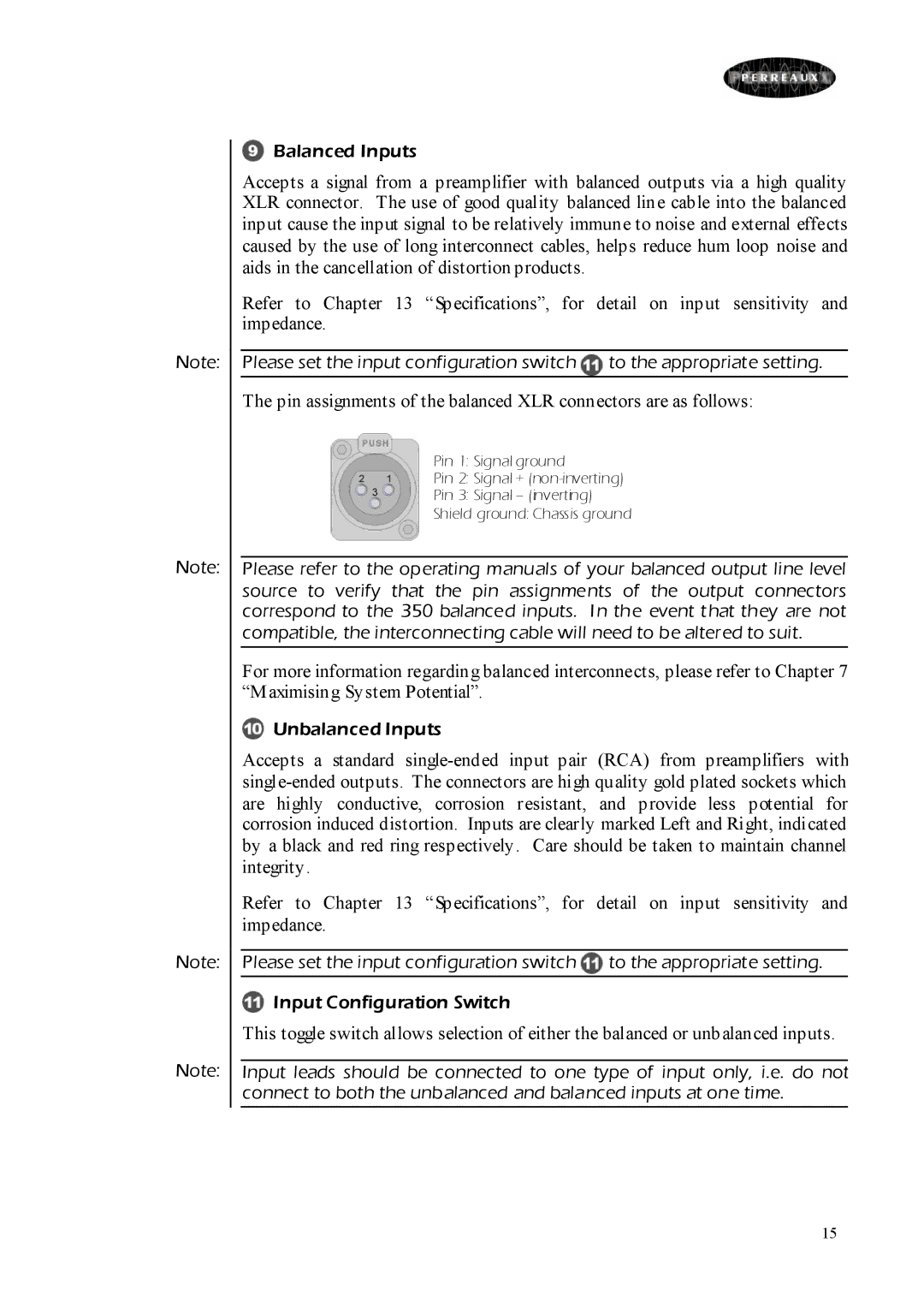 Perreaux Prisma 350 owner manual Balanced Inputs 