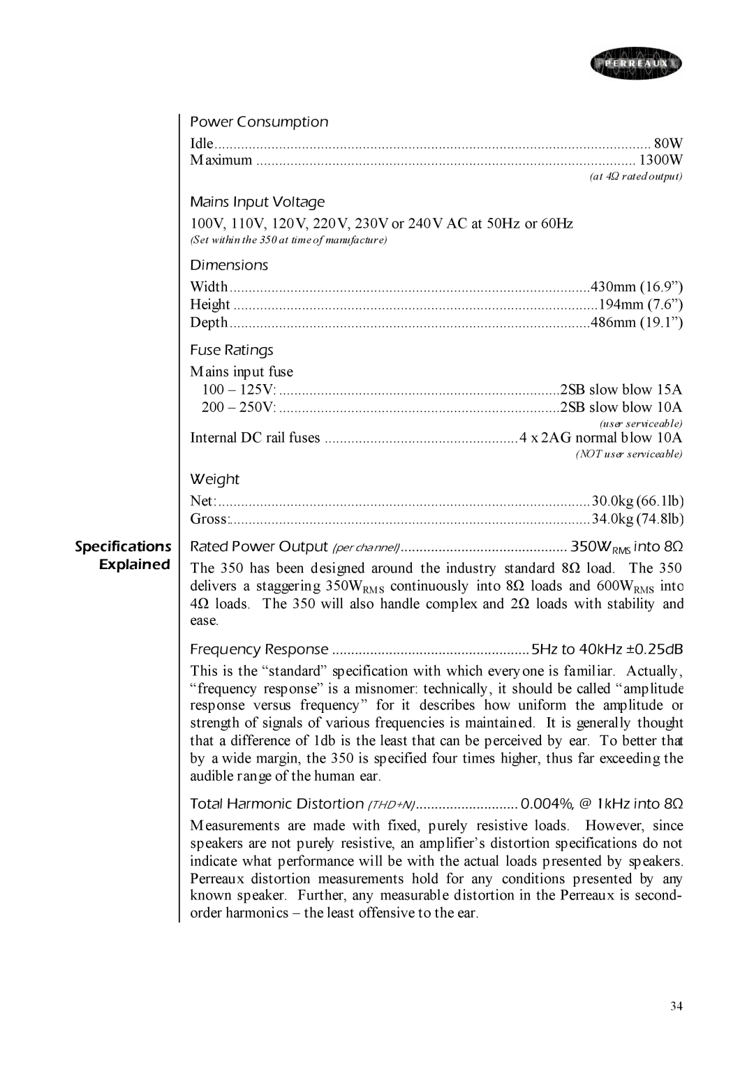 Perreaux Prisma 350 owner manual Dimensions 