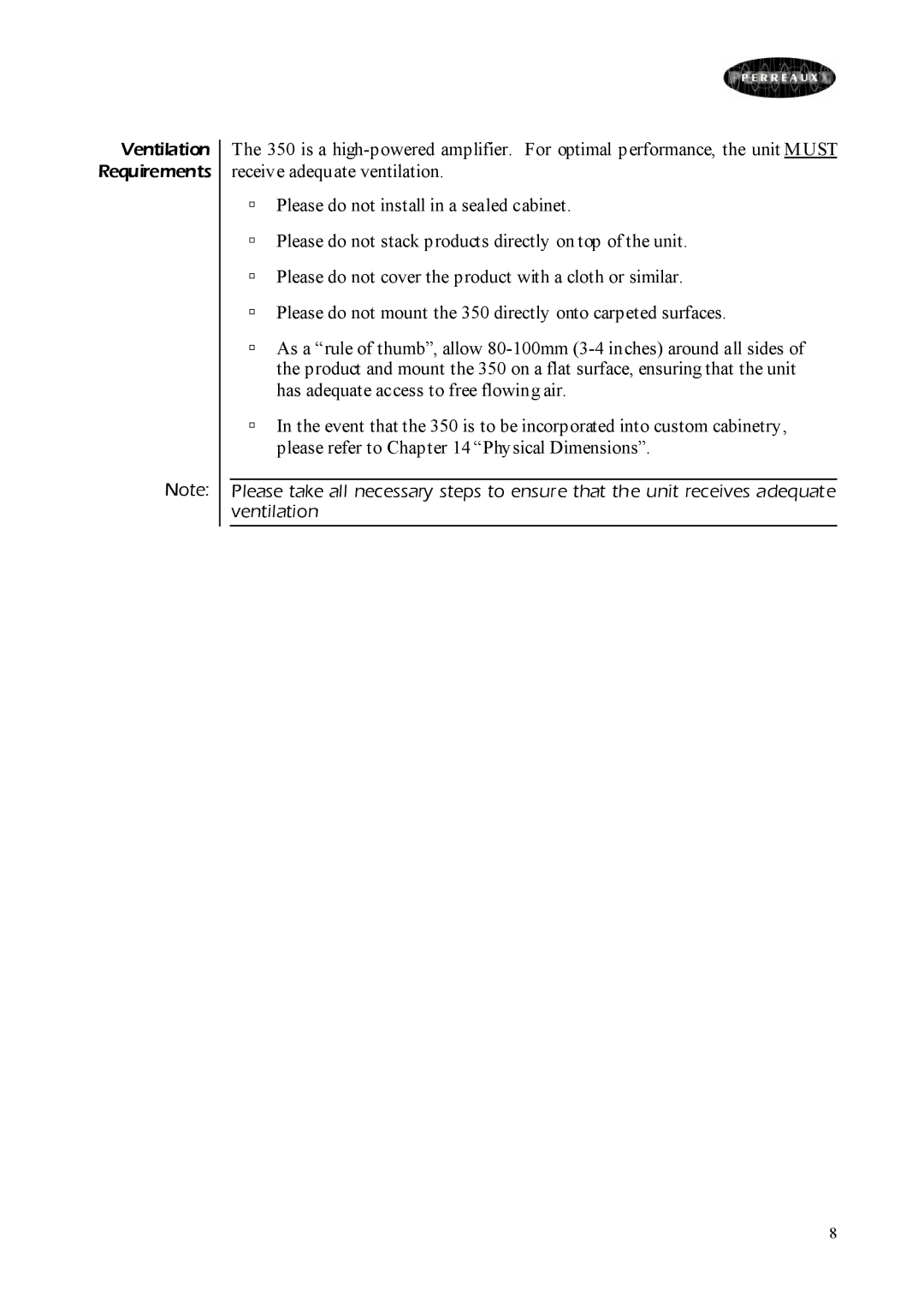 Perreaux Prisma 350 owner manual Ventilation Requirements 