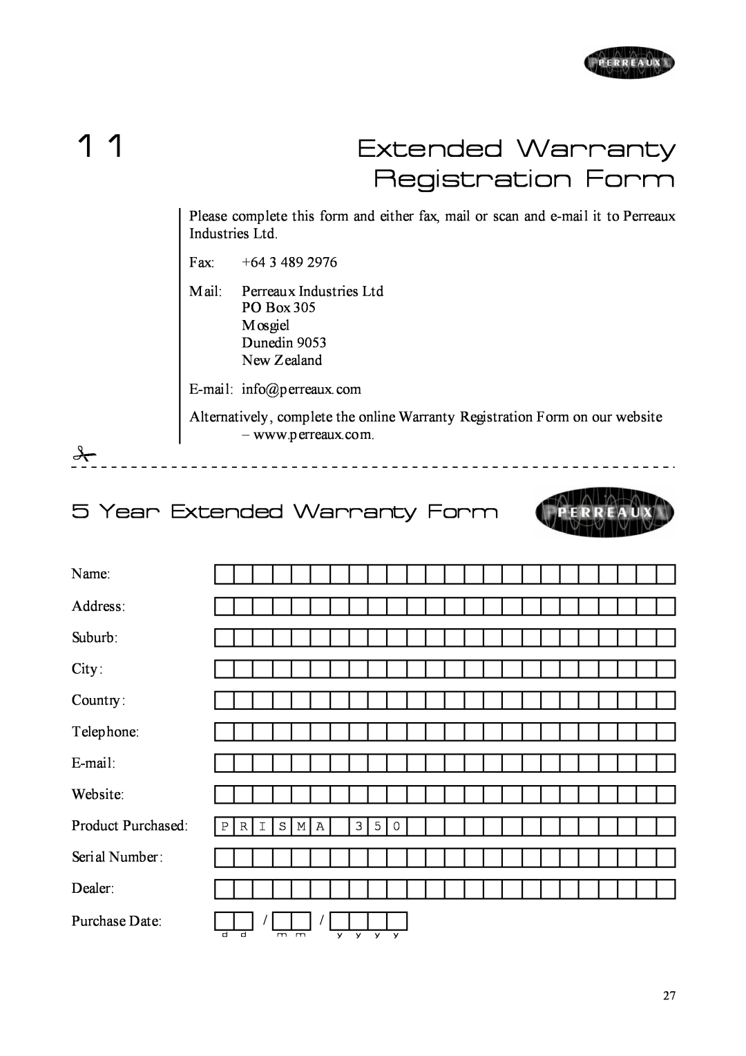 Perreaux Prisma 350 owner manual Registration Form, Year Extended Warranty Form 