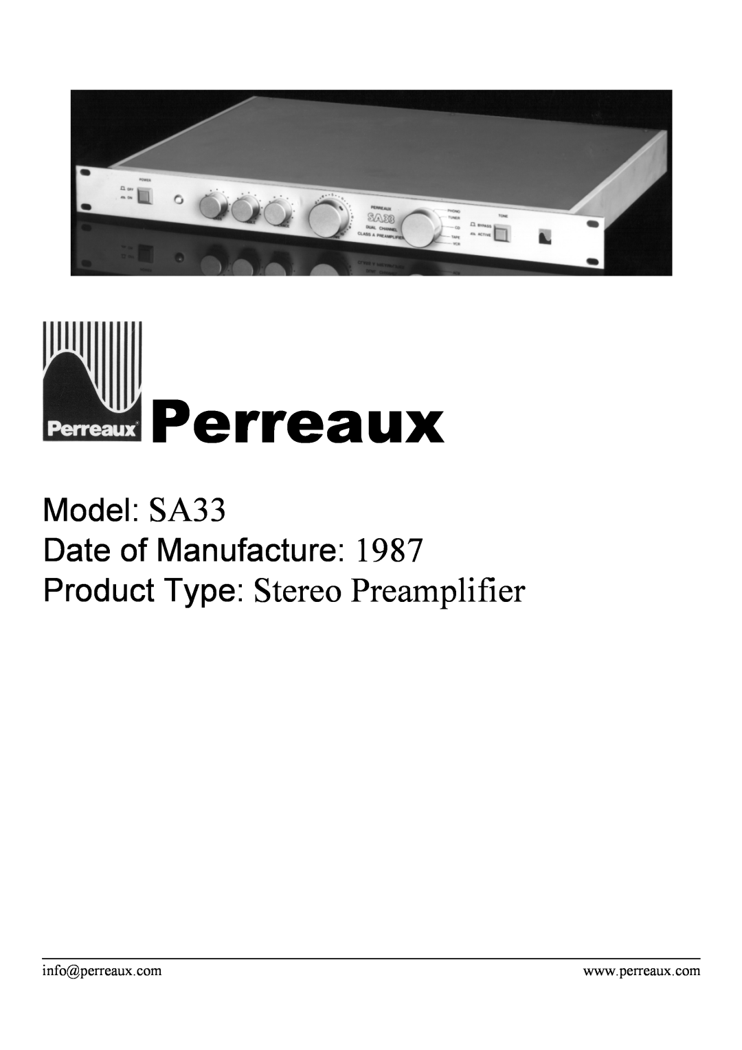Perreaux manual Perreaux, Product Type Stereo Preamplifier, Model SA33 Date of Manufacture 