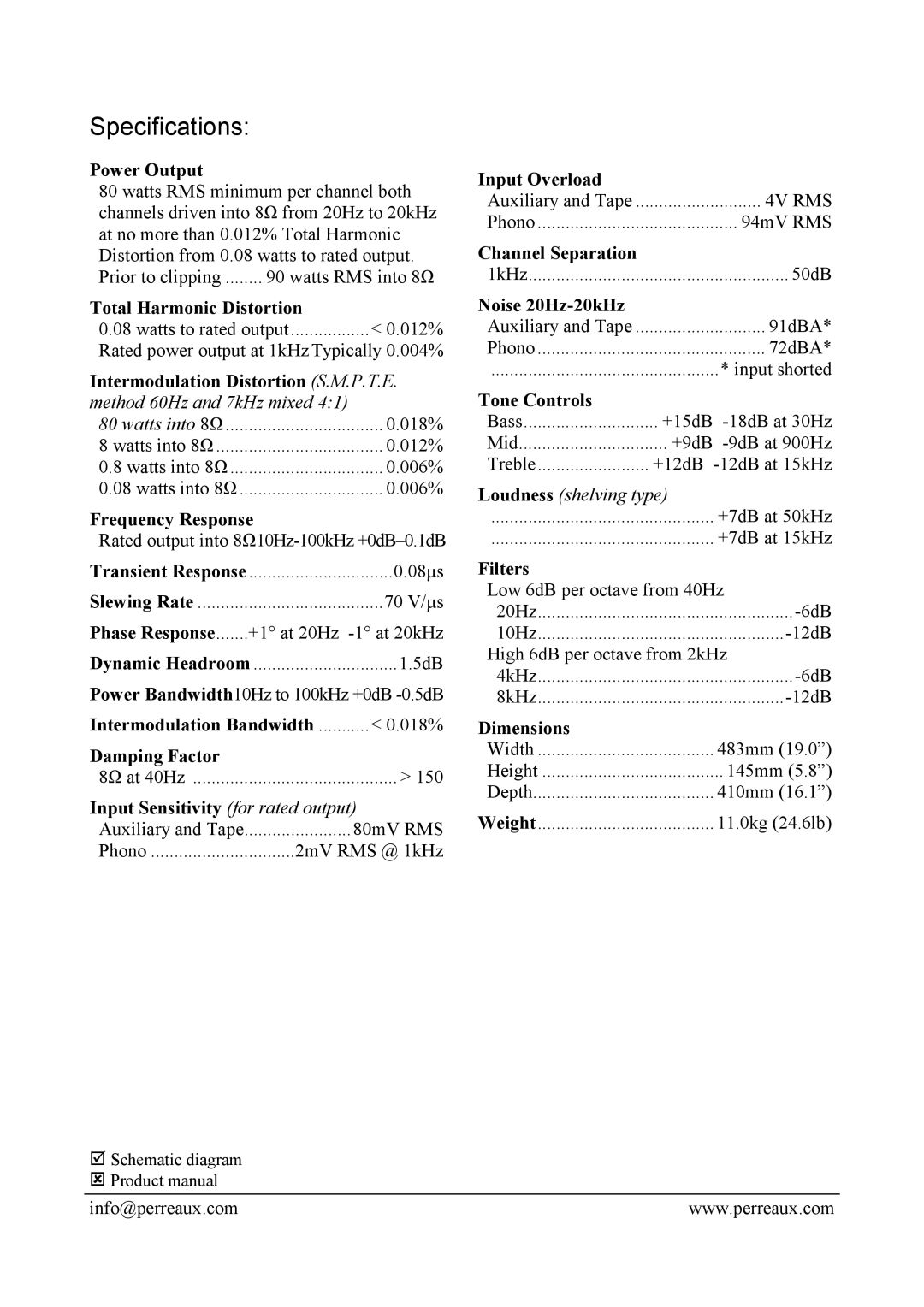 Perreaux SA80B manual Specifications 