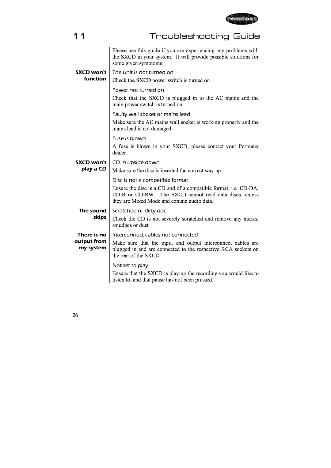 Perreaux Silhouette SXCD owner manual Troubleshooting Guide 